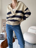 Y2k Autumn Winter Loose Knitted Sweater Jumpers Woman New Vintage Casual Polo Deep V-Neck Striped Pullover Female