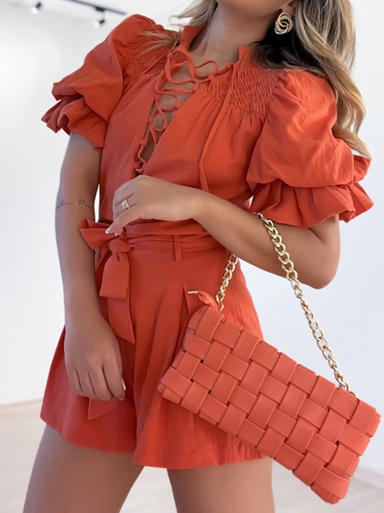 Stand Collar Tie Up  Orange Women Shorts Set Summer Belt Rose Red Casual Fashion Suits Two Pieces Outfit