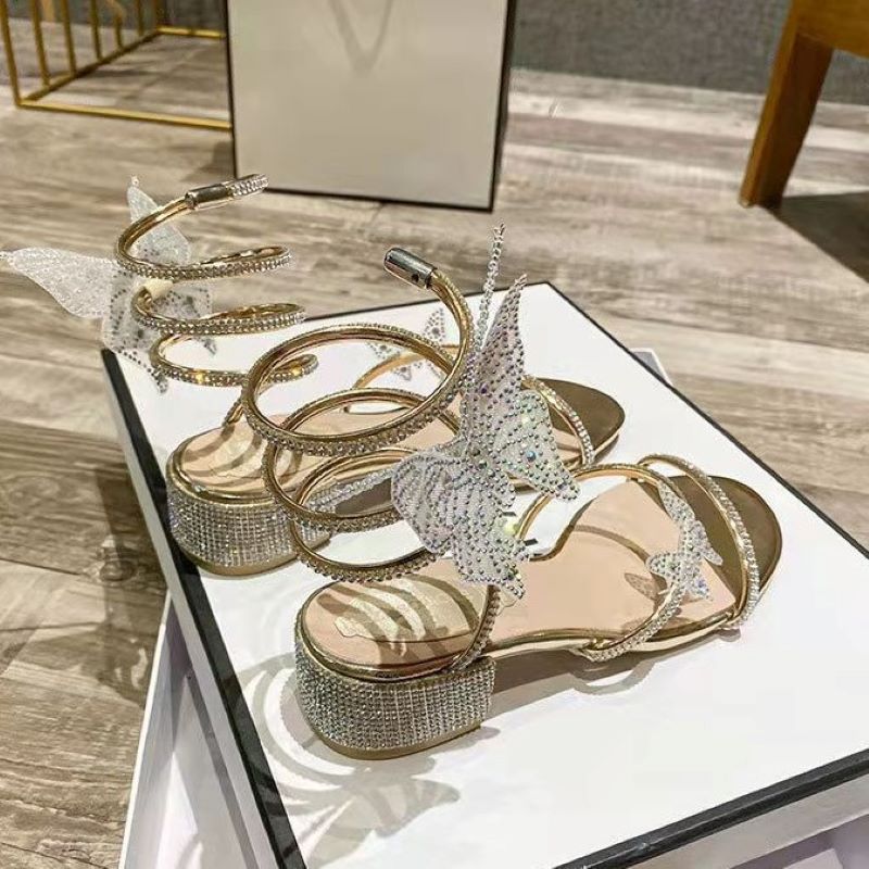 Summer New Women's Sandals Fashion Luxury Rhinestone Butterfly Snake Surround Chunky Heel Banquet Shoes