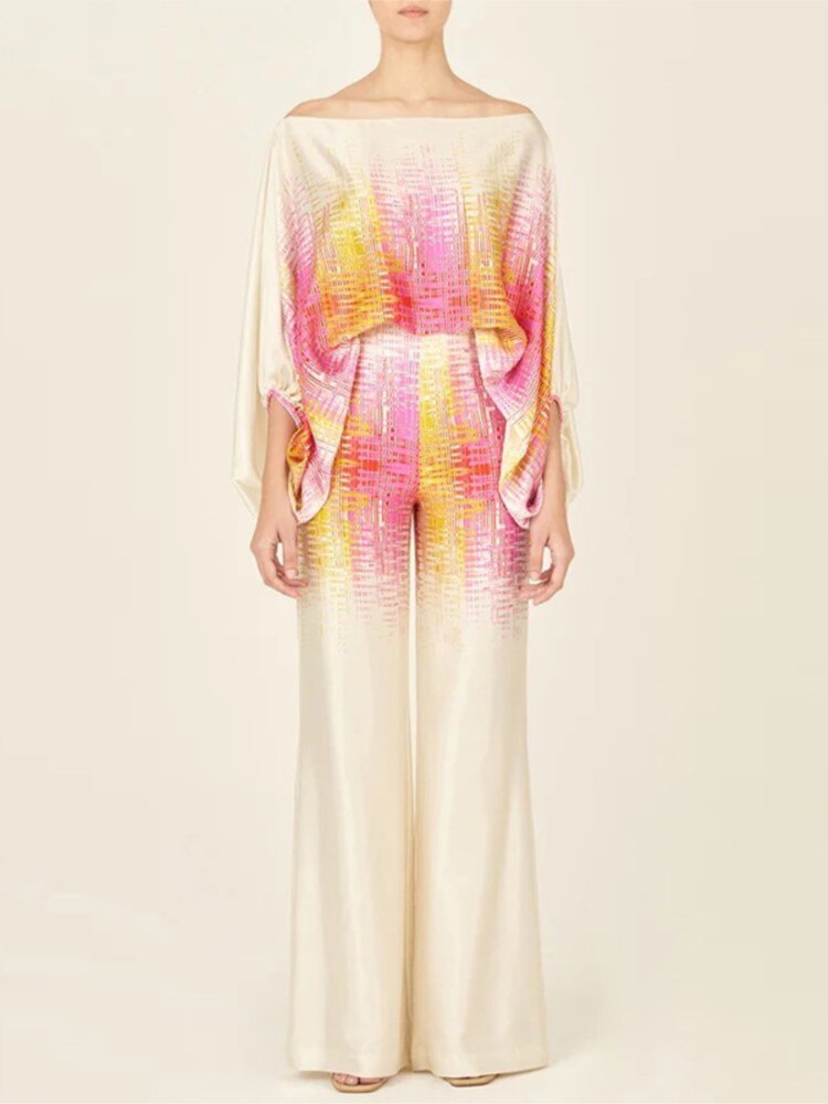 Satin Printing Off Shoulder Commuting Suits Fashion Tops Long Pants 2 Piece Sets  Women Spring Summer Loose Casual Outfits