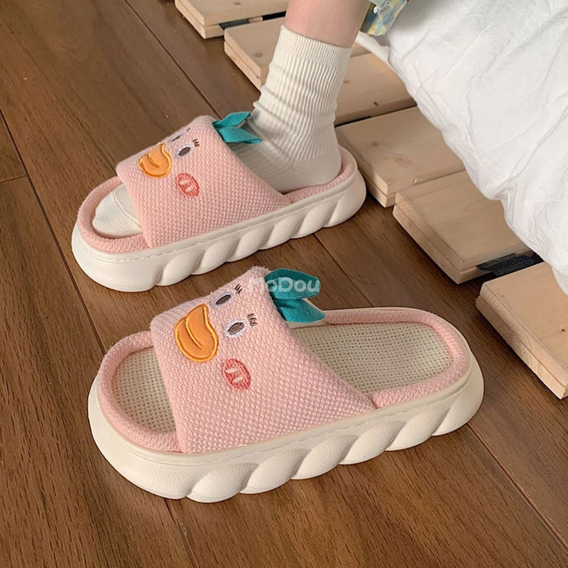 woloong  Four Season Home Non Slip Thick Sole Mute Hemp Cotton Women Slippers Cute Cartoon Shape Men Indoor Shoes New Arrival