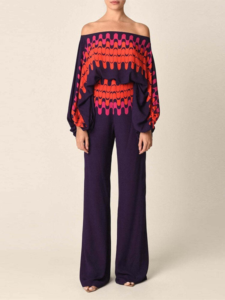 Satin Printing Off Shoulder Commuting Suits Fashion Tops Long Pants 2 Piece Sets  Women Spring Summer Loose Casual Outfits