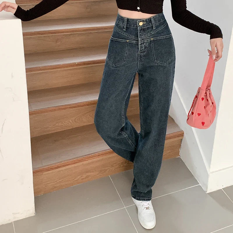 High Waist Wide Leg Jeans for Women Korean New High Street Loose Trousers Blue-gray Straight Denim Pants Women S-XL