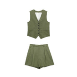 Linen V-neck Vest High Waist Shorts Sets Single Breasted Sleeveless Blazer Shorts 2 Pcs Set Women Fashion Commuter Suits