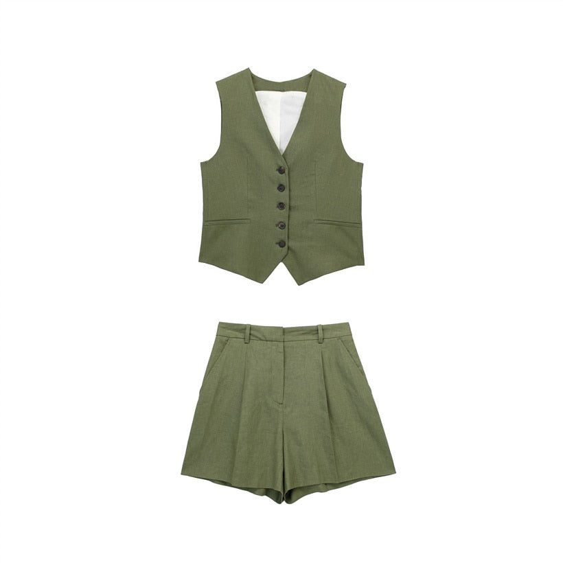 Linen V-neck Vest High Waist Shorts Sets Single Breasted Sleeveless Blazer Shorts 2 Pcs Set Women Fashion Commuter Suits