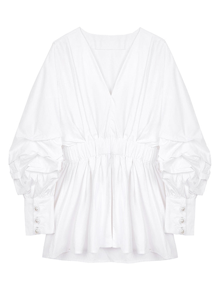 Women White Denim Split Temperament Blouse New Lapel Long Lantern Sleeve Loose Fit Shirt Fashion Spring Autumn 1Z942