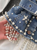 Spring New Blouse Women's Diamond Beaded Puff Sleeve Blusa Top Tassel Pearl Sling Waistcoat Two-piece Stacking Shirt C813