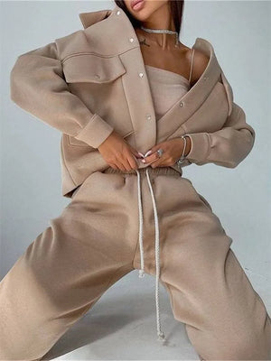 Women's WarmTwo Piece Sets Oversized Sportwear Collar Jacket And Drawstring Trouser Autumn Winter Suits For Women