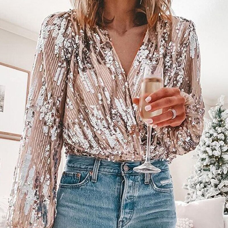 Spring Women Popular Sequins V Neck Blouse Office Lady Elegant Lantern Sleeve Shirt New Autumn Fashion Slim Tops Pullover