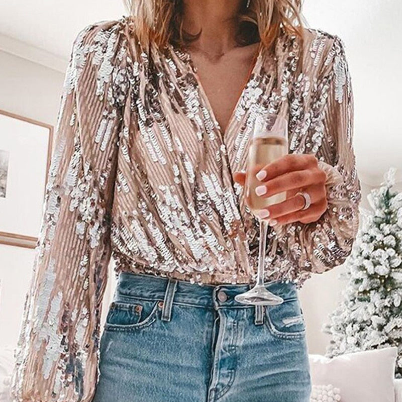 Spring Women Popular Sequins V Neck Blouse Office Lady Elegant Lantern Sleeve Shirt New Autumn Fashion Slim Tops Pullover