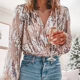 Spring Women Popular Sequins V Neck Blouse Office Lady Elegant Lantern Sleeve Shirt New Autumn Fashion Slim Tops Pullover