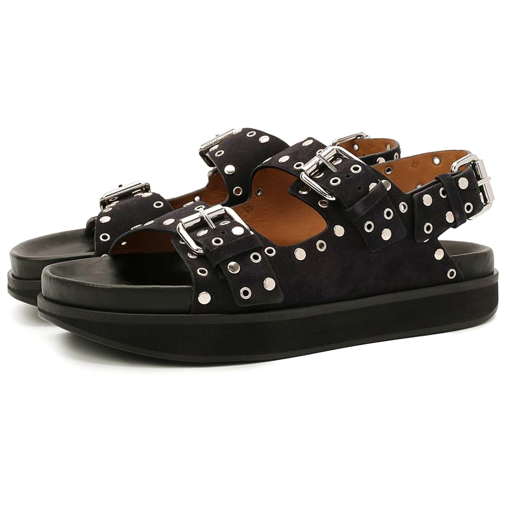 Women's Casual Metal Buckle Platform Sandals  Lolita Shoes Thick-Soled Rivet New Cowhide Open-Toe Beach Vacation Flat Slippers