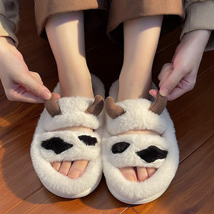 woloong New Design Women Winter House Furry Slippers Couple Fluffy Fur Home Slides Flat Indoor Floor Shoes Ladies Cute Flip Flops