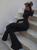 Aieru Black Sexy Backless Jumpsuits for Women Casual Flare Pants Rompers Club Party One Piece Outfits Overall Clothes