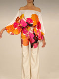 Satin Printing Off Shoulder Commuting Suits Fashion Tops Long Pants 2 Piece Sets  Women Spring Summer Loose Casual Outfits