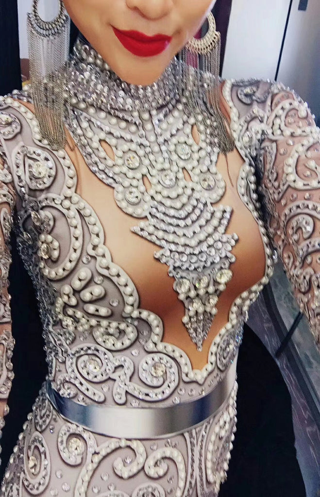 goosudu Flashing Silver Rhinestones Spandex Women Jumpsuit Birthday Celebrate Bar Outfit Singer Dance Wear Leggings Stage Queen Costume