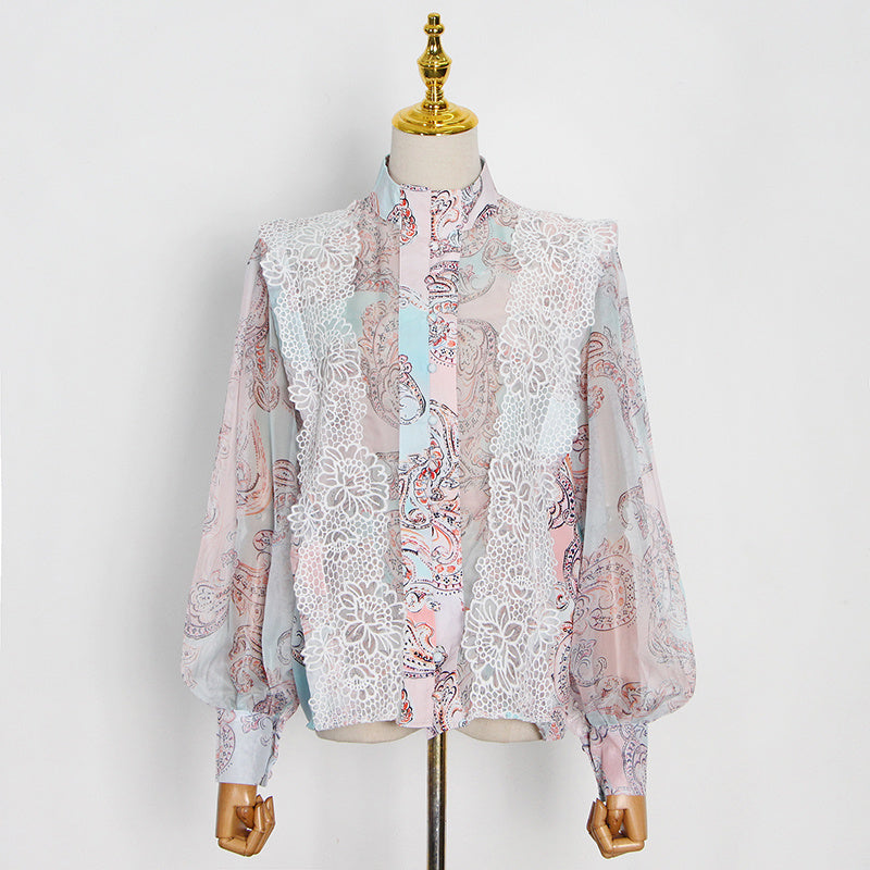 woloong  Sweet Patchwork Lace Set For Women Stand Collar Long Sleeve Shirt High Waist Skirt Print Sets Female Fashion New