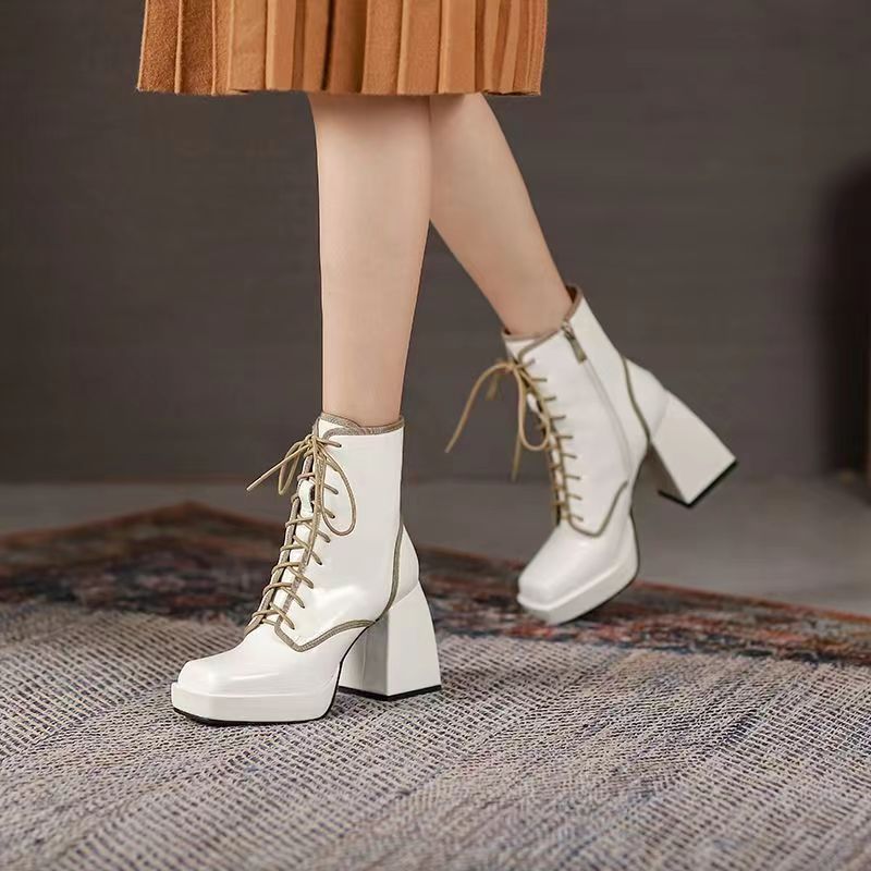woloong  Thick Heel  Boots Autumn Winter New Fashion Side Zipper Lace Non-slip Waterproof Platform Thick-soled Women's Boots ANKLE