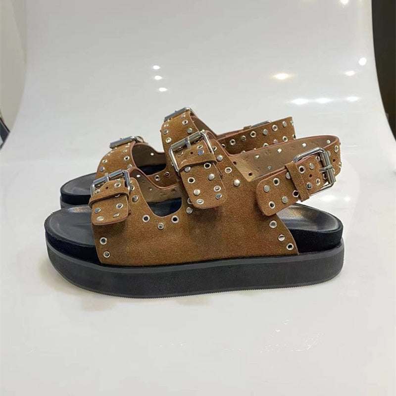 Women's Casual Metal Buckle Platform Sandals  Lolita Shoes Thick-Soled Rivet New Cowhide Open-Toe Beach Vacation Flat Slippers
