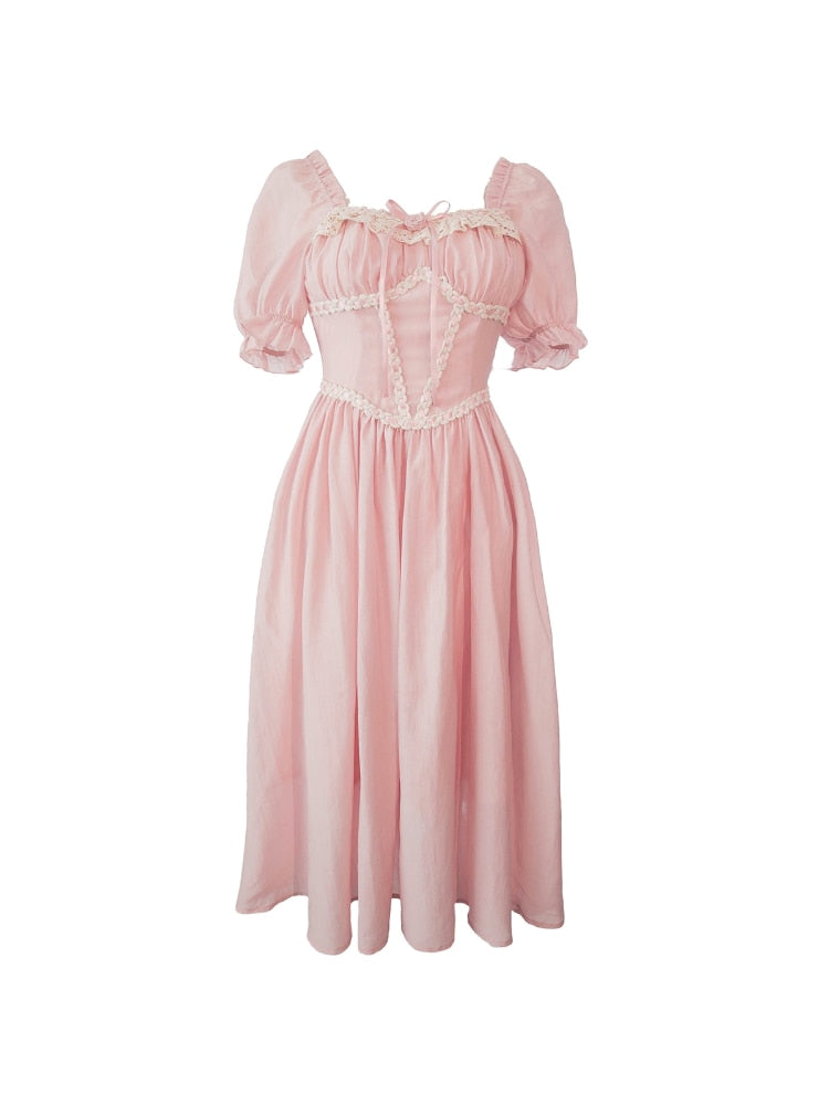 Summer Pink Vintage France Fairy Dress Lace Elegant Evening Party Midi Dress Women Puff Sleeve Korean Style Sweet Dress New