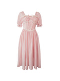 Summer Pink Vintage France Fairy Dress Lace Elegant Evening Party Midi Dress Women Puff Sleeve Korean Style Sweet Dress New