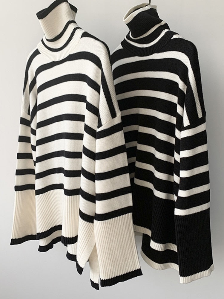 Winter Women’s Long Sleeves Knit Sweater Turtleneck Striped Print Loose Pullover Tops New Autumn Oversized Sweater