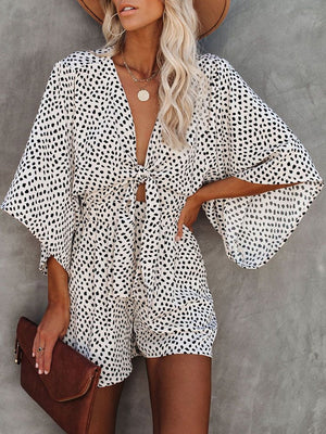 Leopard Print Bowknot Wide Leg Romper Overalls Casual Loose Summer V Neck Playsuits Short Jumpsuits Pockets