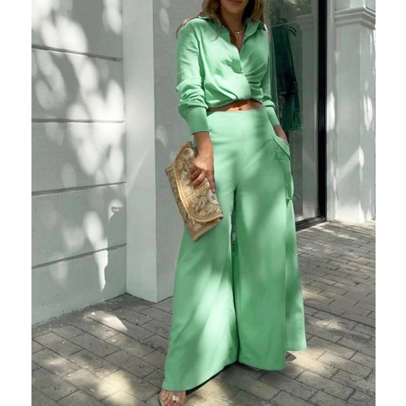 Shirt Long Pants Suits 2 Piece Set Women Long Sleeve Shirt Wide Leg Pants Casual White Spring Summer Outfits New