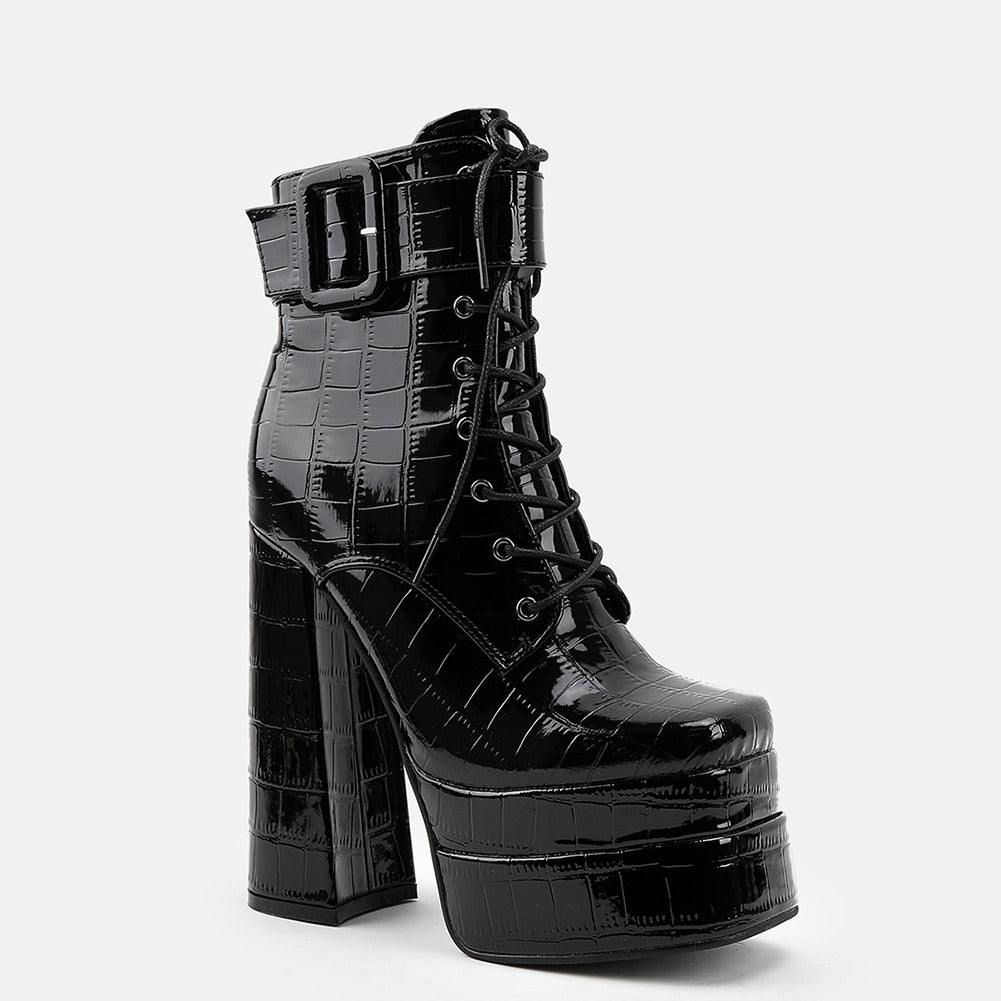 goosudu  Platform Ankle Boots For Women Lace Up Brand New Chunky Heel Fashion Sexy High Quality Shoes Buckle Autumn Popular New
