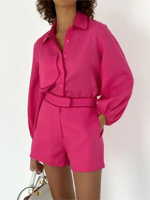 Linen Lantern Sleeve Blouses Shorts 2 Pieces Suits Cotton Loose Shorts Patchwork Tops Sets Fashion Women Vacation Outfits