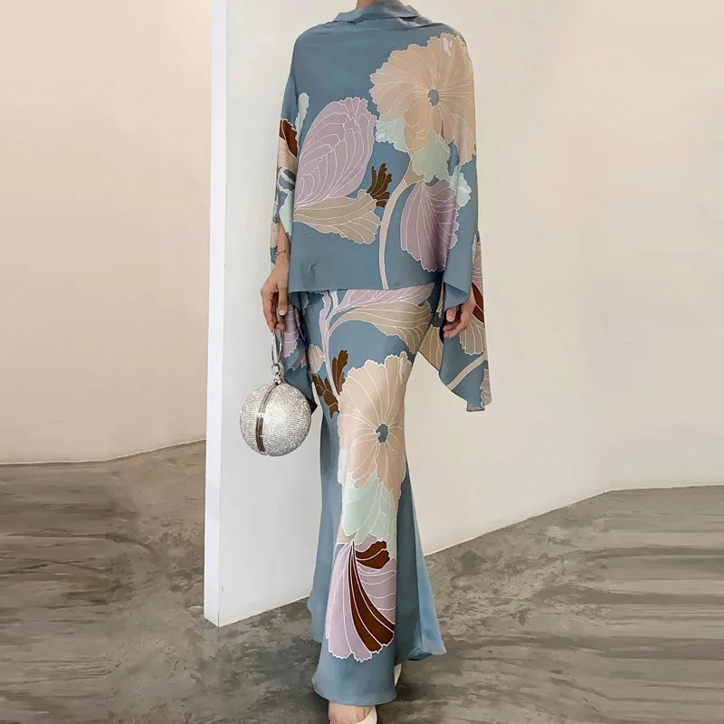 V-Neck Batwing Sleeve Top Midi Skirt Suit Fashion Elegant Floral Printed Women Outfits Office Lady Chic Two Pieces Set