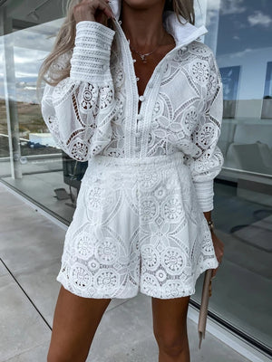 Vintage Single Breasted Hollow Out Shorts Sets Long Sleeve White Casual Party 2 Pcs Lace Outfits Women Femme Pajama Suits