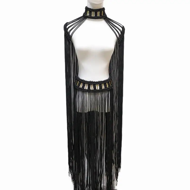 Tassel Hand Crochet Knitted Women Bikini Cover Ups  Summer Holiday Beach Bathing Suit Sexy Hollow Out Skirts Matching Set