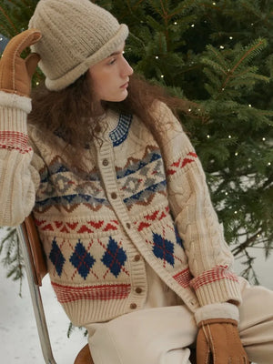 Korobov Vintage Christmas Sweater Thick Knitted Twisted Floral Contrast Color Cardigan Diamond Check Loose Crewneck Y2k Tops New Year