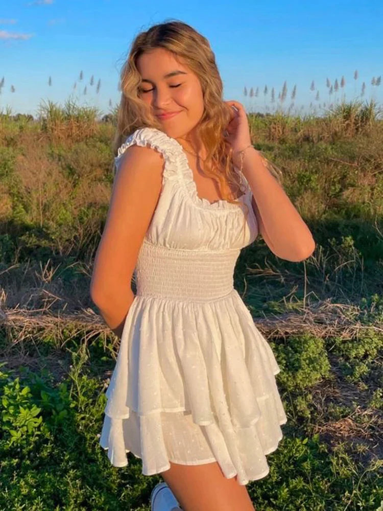 White Dots Women Sleeveless Romper Tiered Wide Leg Summer Playsuit Elastic Smocking Square Collar Overall