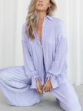 Women Two-piece Pleated Pants Suits Casual Chic Solid Color Long Sleeve Button down Shirts and Straight Leg Trousers Set