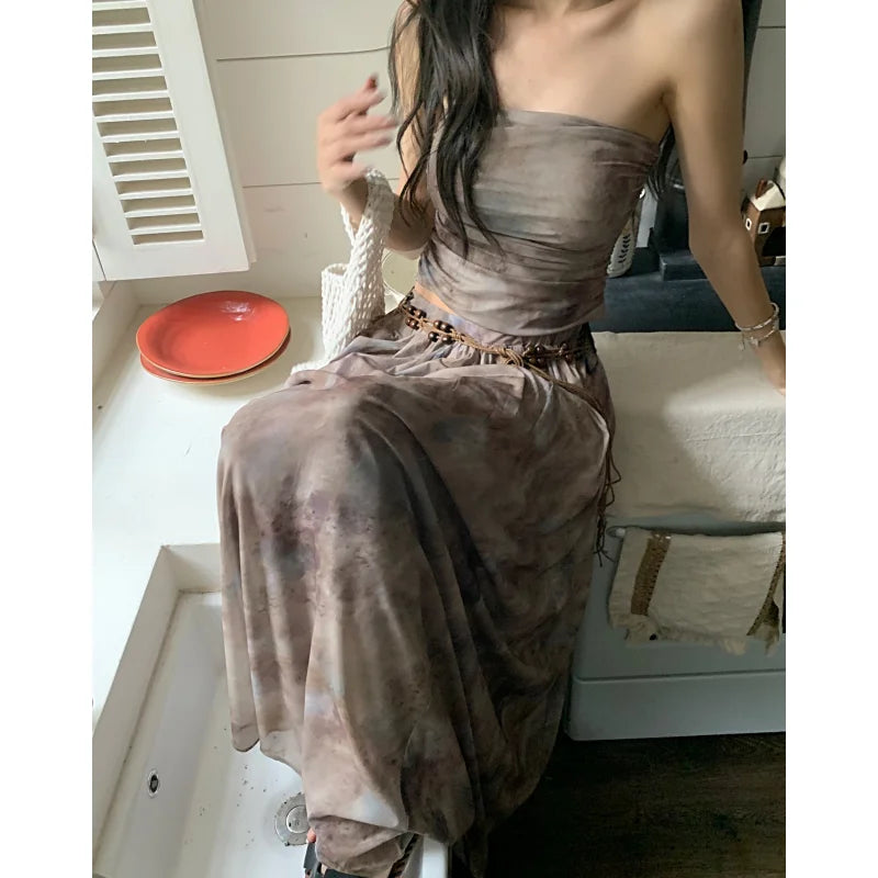 Summer Apricot Vest Skirt Womens Tie-dyed Two Piece Set Fashion Y2K Belt NEW Female Temperament Elegant Party Long Dress