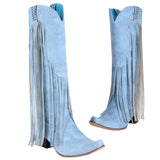 woloong  New Arrival Cowboy Western Long knee-high Boots Women Stacked Heeled Fringe Retro Casual Ridding Boots Autumn Shoes