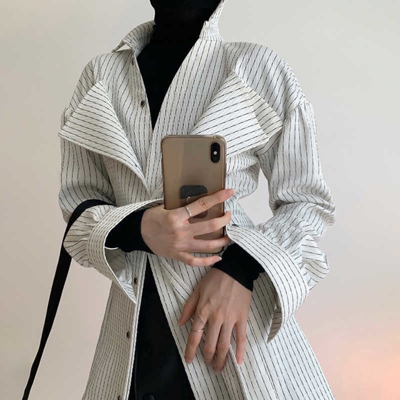 woloong  Korean Patchwork Ruffle Shirt For Women Lapel Long Sleeve Striped Casual Fake Two Shirts Female Fashion New Clothes