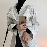 woloong  Korean Patchwork Ruffle Shirt For Women Lapel Long Sleeve Striped Casual Fake Two Shirts Female Fashion New Clothes