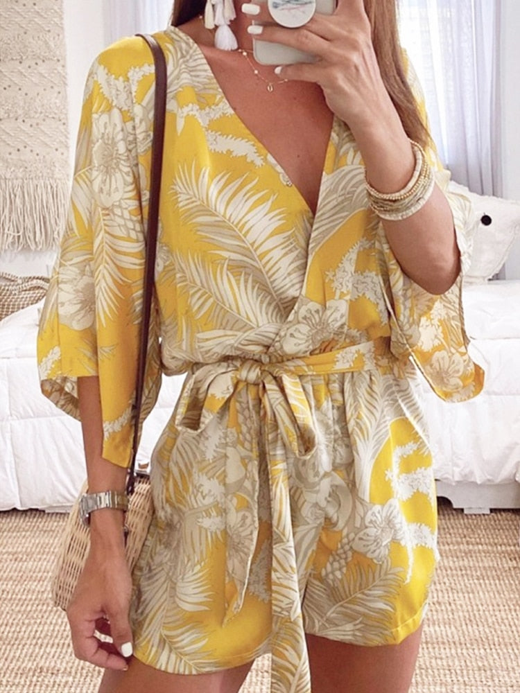 Leaf Print White Batwing Sleeve Rompers Overalls Summer Autumn Sash Wide Leg Beach Boho Playsuit  Romper