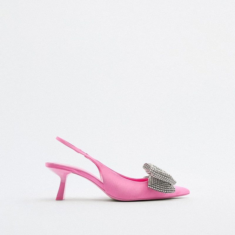 woloong  Summer Sandals Luxury Women New Cute Fashion Pink Bow Tie Rhinestone Pointed High Heels Sexy Pumps Plus Size 35-41