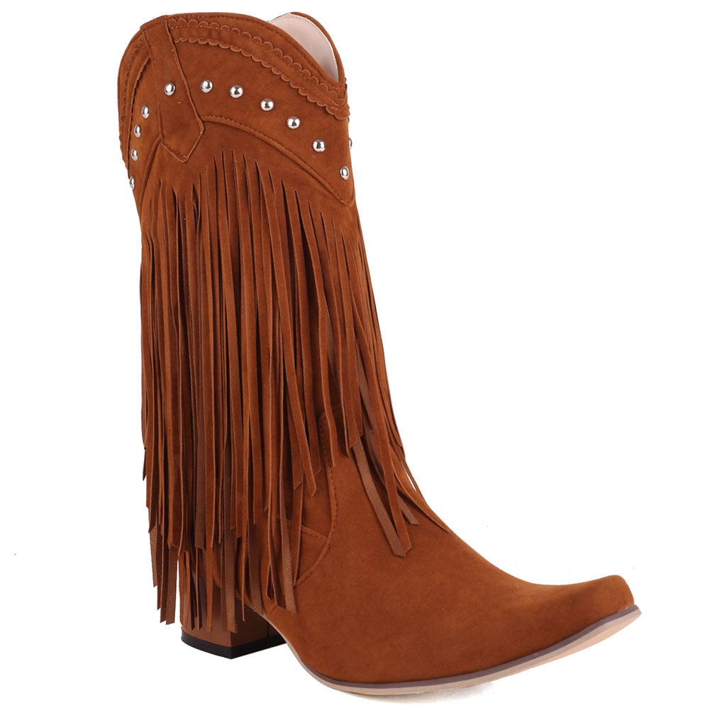 woloong  New Arrival Cowboy Western Long knee-high Boots Women Stacked Heeled Fringe Retro Casual Ridding Boots Autumn Shoes