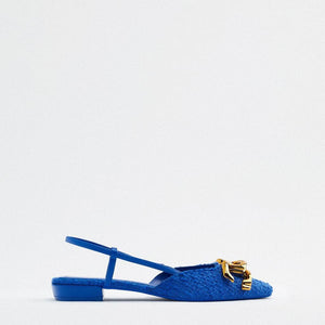 woloong  Brand Fashion Women Shoes Spring Summer New Blue Back Empty Personality Sandals Metal Decoration Flat All-match Mules