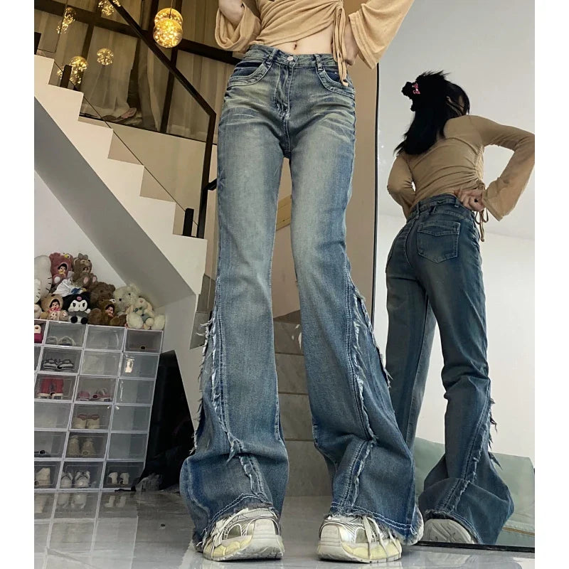 Vintage Blue Women Jeans High Waist Chic American Fashion Y2K Streetwear Wide Leg Jean Female Trouser  NEW Baggy Denim Pants
