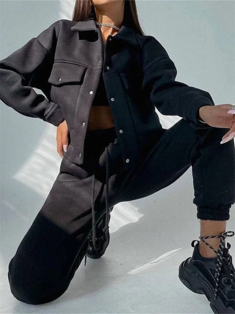 Women's WarmTwo Piece Sets Oversized Sportwear Collar Jacket And Drawstring Trouser Autumn Winter Suits For Women