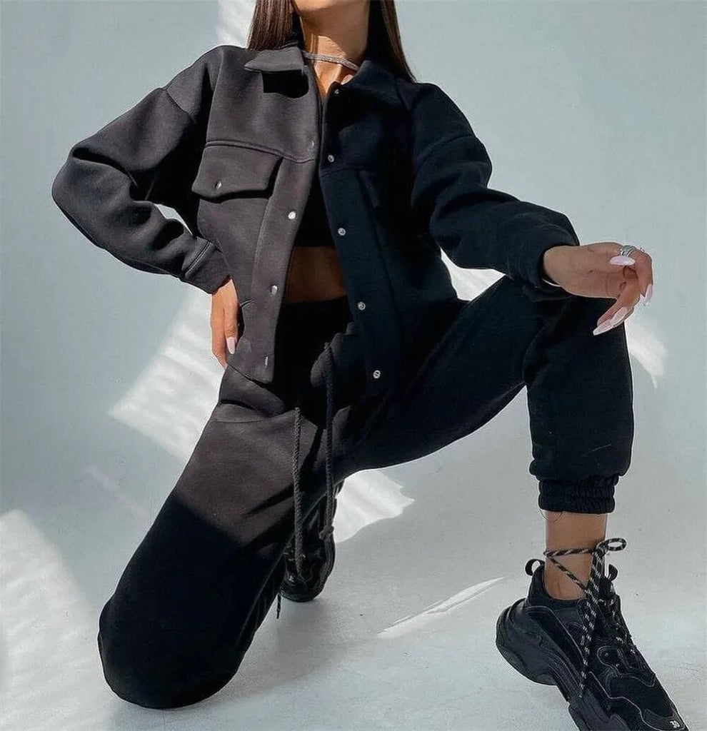 Women's WarmTwo Piece Sets Oversized Sportwear Collar Jacket And Drawstring Trouser Autumn Winter Suits For Women