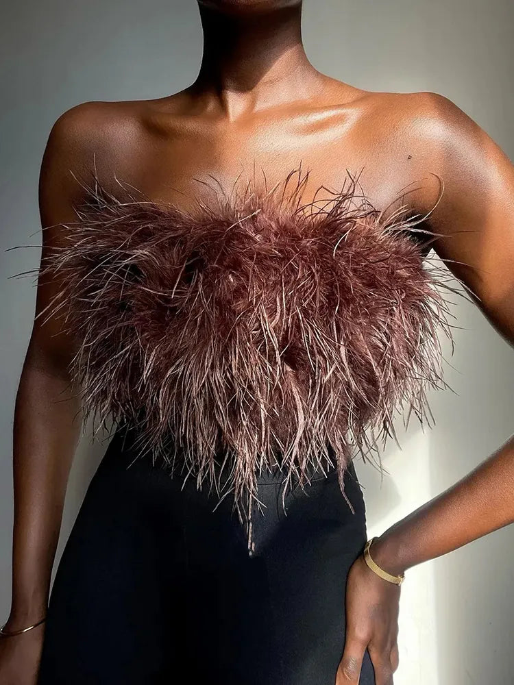 Fur Feather Strapless Tube Tops For Women Party Fashion Bustier Cute Top Y2k Club New Sexy Mini Fluffy Corset Top