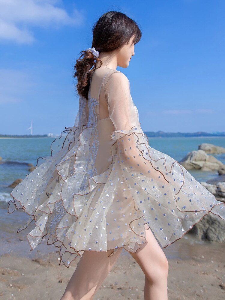 Spring New Organza Embroidered Super Fairy Holiday Beach Jumpsuit Women Fashion Flare Sleeve Ruffles Wide Leg Rompers Bodysuit