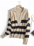 Y2k Autumn Winter Loose Knitted Sweater Jumpers Woman New Vintage Casual Polo Deep V-Neck Striped Pullover Female